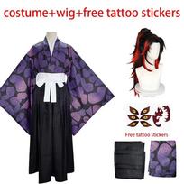 Naujas leidimas Kokushibo vaidmenų žaidimo perukas, laikinos tatuiruotės, anime raštų kimono viršus, Helovino vakarėlio kostiumas XXL black