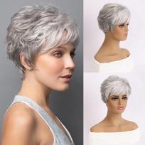 Pixie kirpimo perukai Sintetiniai trumpi Ombre pilki Pixie kirpimo perukai su kirpčiukais Sluoksniuoti perukai Banguoti perukai moterims beige