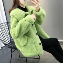 Korėjietiška versija Vienspalvė Kailinė Integruota Laisva Trumpa Striukė Moterims Naujas Žiemos Lėlės Apykaklė Dvisluoksnis Fleece Granulių Fleece Paltas L žalia