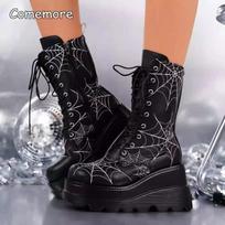 Gotikiniai platforminiai pleištai Moteriški Rudens Žiemos Voratinklio Dizainas Dydis 35-43 Storas Kulnas Ankle Boots Moterims Oda Juoda 42 gray