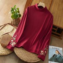Autumn Winter Retro Velvet Bohemian Embroidery Base Layer Long Sleeve Top for Women 4XL raudona
