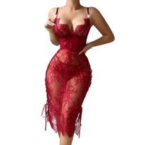 Seksuali nėrinėta babydoll suknelė moterims Skaidri tinklinė naktinė suknelė miegui Šoninė skeltė V formos iškirptė Naktinė suknelė medaus mėnesiui, jubiliejams M vyno raudonos spalvos