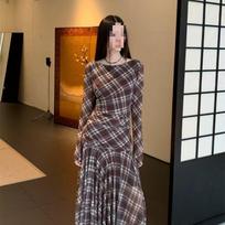 French lazy style sub-long-sleeved dress women's autumn new temperament waist thin elegant medium and long dress L brown
