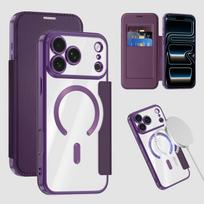 Magnetinis atverčiamas kortelių dėklas Piniginė Odinis telefono dėklas Dėklas iPhone 18 Pro max 17 16 15 14 13 Atsparus smūgiams For Magsafe RFID Dangtelis iPhone 15 violetinė