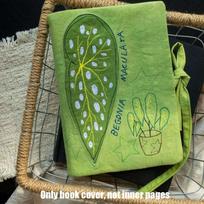 Hand-Stitched Applique Linen Book Sleeve, Begonia Maculata Embroidery A6 Journal Cover, Tie Strap Notebook Protector žalia