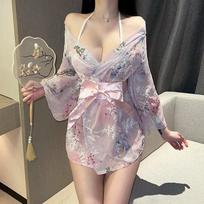 Sexy lingerie kimono bathrobe set uniform seduction print Japanese bow sexy Japanese pajamas new One size fits all rožinė