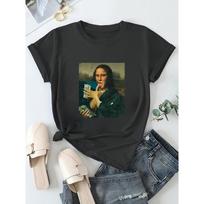 Women Cotton Short Sleeves T-shirts Mona Lisa Cash Parody Women's Tee Funny Art Graphic Casual Black Top 3XL white