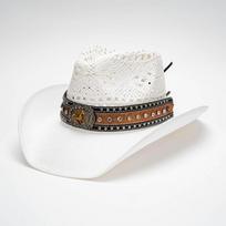 Unisex Hollow Woven Straw Cowboy Hat With Horse Concho Rhinestone Rivet Band 58-59cm chaki