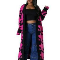 Cross2026 Geometric Houndstooth Knit Cardigan - Trendy Long Sleeve Mink Open Sweater Medium