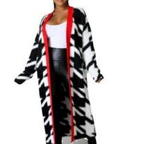 Cross2026 Geometric Houndstooth Knit Cardigan - Trendy Long Sleeve Mink Open Sweater Medium black