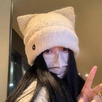 Plush Cat Ear Woolen Hat for Women In Autumn and Winter Small Face  Warm  Korean Style Knitted Hat  Cute  Versatile  Ear Protection Cold Hat Trendy M（56-59cm） beige
