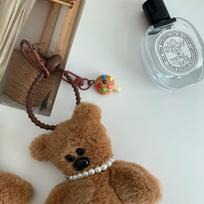 Twisted Brown Teddy Bear Doll Keychain pink ribbon + pink string gray