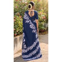 New Launch – Premium Hand Block Floral Print Mulmul Cotton Saree blue