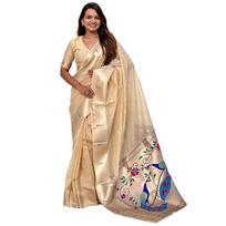 Premium Cream Organza Paithani Pure Soft Silk Saree – Royal Zari Woven Elegance beige