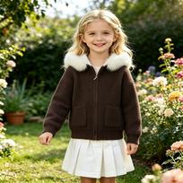 Kids' Casual Hooded Jacket with Plush Collar and Pockets for Fall and Winter 170