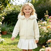 Kids' Casual Hooded Jacket with Plush Collar and Pockets for Fall and Winter 170