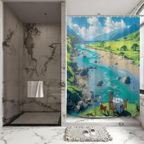 Scenic River Valley Bath Curtain -Lush Green Hills &Crystal Waters,Waterproof Home Decor Adds Nature's Serenity to Your Bathroom W90XH180cm blue
