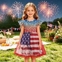 Girls Ruffle Sleeve Independence Day Dress Patchwork American Flag Print Layered Tulle Skirt Casual Party Dress for Kids 130 gray