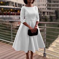 Women Spring Dress Ladies Casual Plus Size Slim Office Dress Retro Elegant O-Neck High Waist White 3/4 Sleeve Party Dress 2XL balta