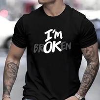I'm OK Letter Print Men T Shirt Tops Casual Short Sleeve Clothing Hip Hop Streetwear Graphic Te S gray