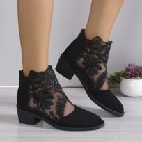 Womens Back Zip Ankle Boots Fashion Office Boots Flower Lace Pointed Toe Square Heel Shoes Ladies 39 brown