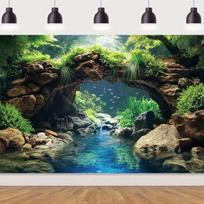 Realistiškas arkos formos akmeninis akvariumo fotografijos fonas - upės dugnas ir ežero akvariumas, su vandens augalais 59x51.1inch/150*130cm