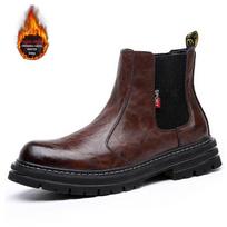 Mens Autumn Winter Motorcycle Boots Trend Leather Plus Fleece Warm Work Retro Platform Chelsea Shoes Comfortable Durable 45 black
