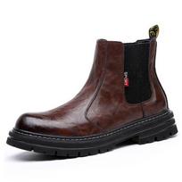 Mens Autumn Winter Motorcycle Boots Trend Leather Plus Fleece Warm Work Retro Platform Chelsea Shoes Comfortable Durable 45 black