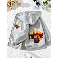 Kids Light Grey Zip Hoodie Barcelona City Skyline Soccer Graphic Print Loose Long Sleeve Hooded Jacket For Boys Sports Outerwear 100 gray