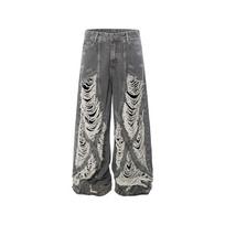 VibeStreet Street Wear New Retro Miss Me Boot Cut Jeans Female Blue Jeans Embroidered Wing Pocket Hip Hop Harajuku Gothic Wide Pants S gray