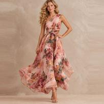 Women's Elegant Floral Print One-Shoulder Sleeveless Dress for Summer Vacation and Casual Wear S brown