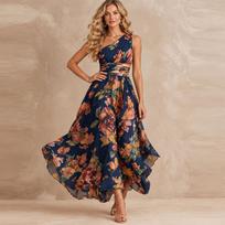 Women's Elegant Floral Print One-Shoulder Sleeveless Dress for Summer Vacation and Casual Wear S brown