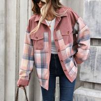 Women's Corduroy Plaid Jacket with Lapel Collar, Long Sleeve, Loose Fit and Pockets for Casual Wear M