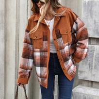 Women's Corduroy Plaid Jacket with Lapel Collar, Long Sleeve, Loose Fit and Pockets for Casual Wear S brown