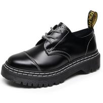 1 thick-soled hole ex Martin shoes men's low-top leather double white line round head casual student muffin bottom short boots men 43 black