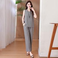 Ice Silk Sleeveless Wide-Leg Pants Suit: Elegant Two-Piece Casual Set for Mother’s Wear 5XL pilka spalva