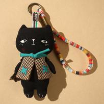 Cute Vintage Fabric Cat Keychain Handmade Stuffed Cat Doll Key Ring Bohemian Wrist Lanyard Bag Charm Pendant Gift for Women 15cm juoda