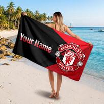 Manchester United Custom Beach Towel, Personalized Name Text Print, Football Logo Soft Quick‑Dry Towel Holiday Gift 80cmx160cm(31x63inch)