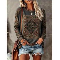 Autumn and Winter Women's 3D Printed Crew Neck Long Sleeve T-Shirt Ethnic Style XL black