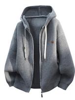 Men's Loose Fit Lazy Style Knitted Cardigan Coat with Hood Autumn Fashionable Casual Polyester Fiber Long Sleeve Zipper Closure 4XL gray