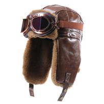 Unisex žieminė PU odos aviacinė kepurė su ausų apsauga Šilta vėjui atspari pilotų kepurė Šaltam orui Dark Khaki Hat with Goggle Strap black
