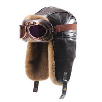 Unisex žieminė PU odos aviacinė kepurė su ausų apsauga Šilta vėjui atspari pilotų kepurė Šaltam orui Coffee Hat with Goggle Strap black