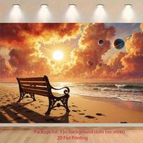 2D Beach Bench Sunset Backdrop Cosmic Planets Photography Background 59x51.1inch/150*130cm orange