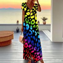 Women Plus Size V Neck Short Sleeve Maxi Dress Turquoise Vertical Leopard Print Loose Summer Vacation Long Dress 8XL black