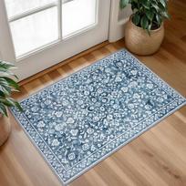 Vintage Blue Doormat Distressed Floral Non-Slip Rug for Entryway Kitchen Bathroom Floor Mat Home Decor 40x60cm 16x24inch