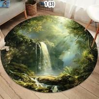 Tropical Jungle Waterfall Round Area Rug Lush Nature Scene Non-Slip Floor Mat for Living Rooms Healing Home Decor Spaces 120X120CM gray