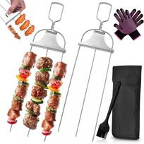 3 Way Stainless Steel BBQ Skewers,3 Way Grilling Skewers with Brush and Storage Bag, BBQ Skewers with Smooth Push Bar Slider,for Meat,Chicken,Veggies X black