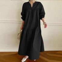 New fast-selling national style retro cotton and linen V-neck shirt sleeve long loose pendulum dress 5XL