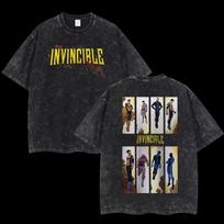 Men Women Invincible Comic Printed T‑Shirt Vintage Washed Short Sleeve Front Back Graphic Streetwear Tops Tees XL black