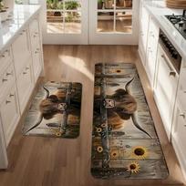 Highland Cow Kitchen Rug Set,Non Slip Oil Absorb Washable Anti Fatigue Mat,Farm Sunflower Wood Entry Decor Rug 50X80CM(1.6X2.6FT